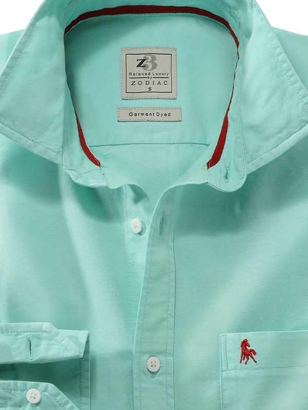 Murren Oxford Garment Dyed Sea Green Solid Full Sleeve Tailored Fit Casual Cotton Shirt