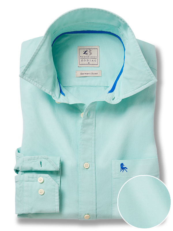 Harry Oxford Garment Dyed Sea Green Solid Full Sleeve Tailored Fit Casual Cotton Shirt