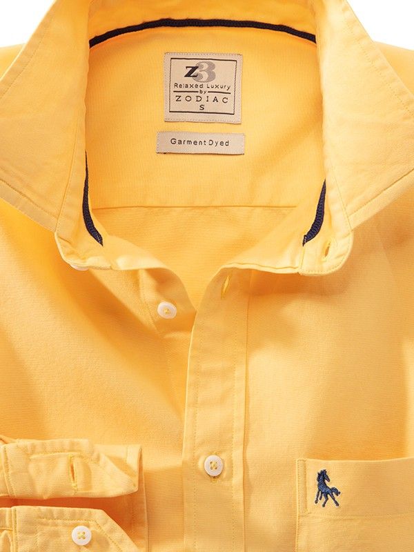 Murren Oxford Garment Dyed Yellow Solid Full Sleeve Tailored Fit Casual Cotton Shirt