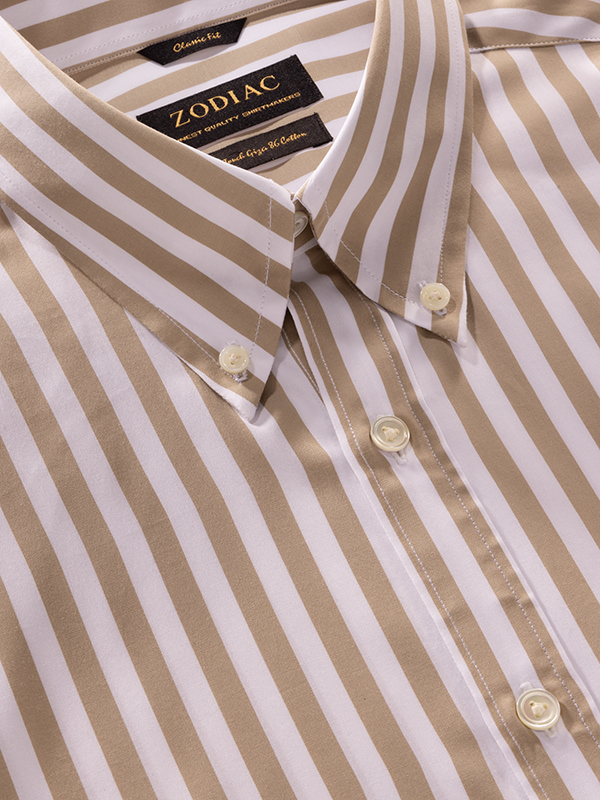 Barboni Beige Striped Full Sleeve Single Cuff Classic Fit Classic Formal Cotton Shirt