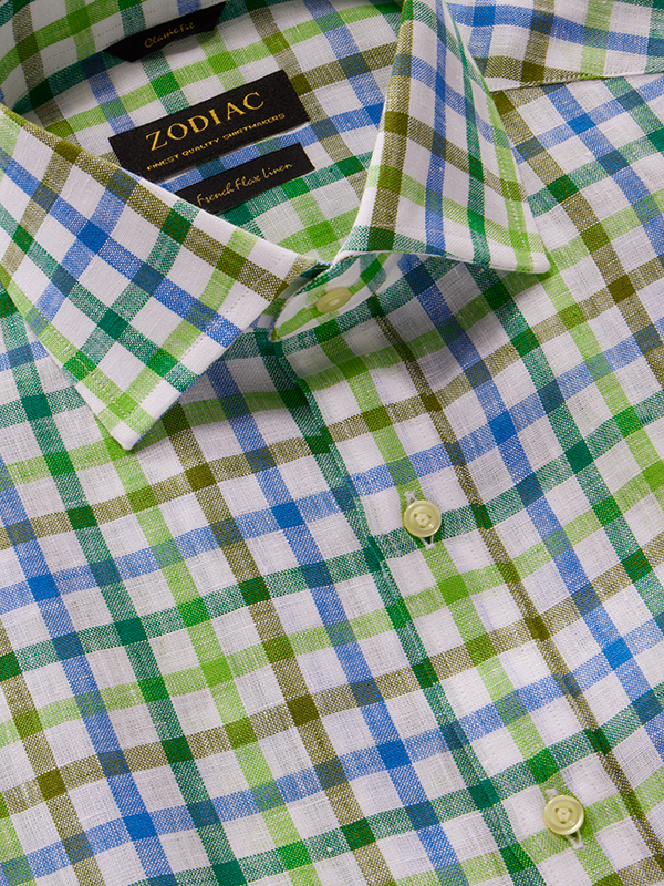 Positano Green Check Half Sleeve Classic Fit Semi Formal Linen Shirt