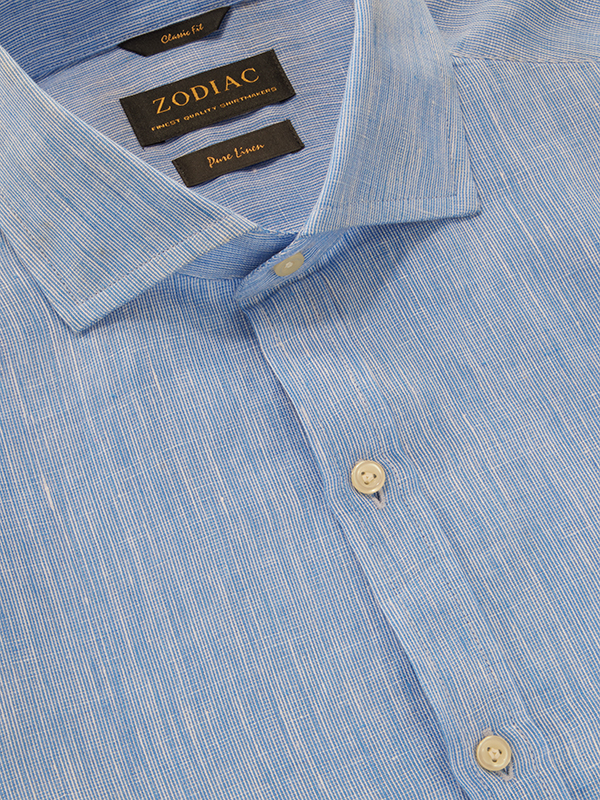 Fil A Fil Blue Solid Full Sleeve Single Cuff Classic Fit Semi Formal Linen Shirt