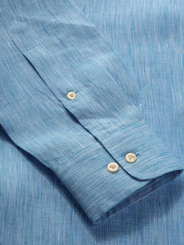 Fil A Fil Turquoise Solid Full sleeve single cuff Classic Fit Semi Formal Linen Shirt