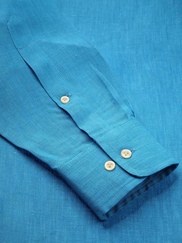 Positano Turquoise Solid Full sleeve single cuff Classic Fit Semi Formal Linen Shirt
