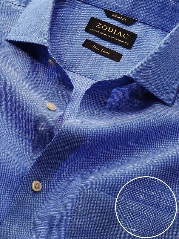 Fil A Fil Blue Solid Full sleeve single cuff Tailored Fit Semi Formal Linen Shirt