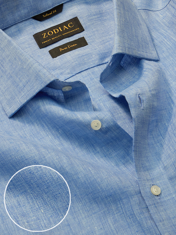 Positano Blue Solid Half Sleeve Tailored Fit Semi Formal Linen Shirt