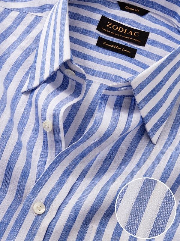 Positano Blue Striped Full sleeve single cuff Classic Fit Semi Formal Point collar Linen Shirt