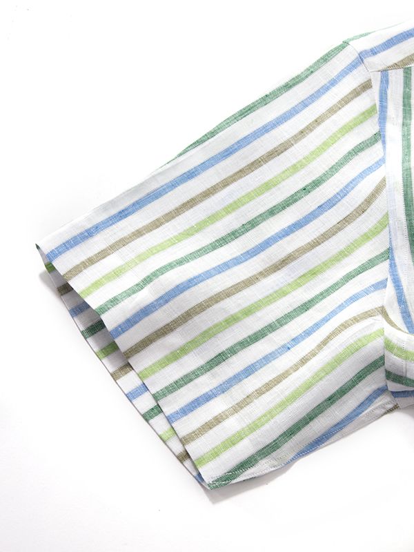 Positano Green Striped Half Sleeve Classic Fit Semi Formal Cut away collar Linen Shirt