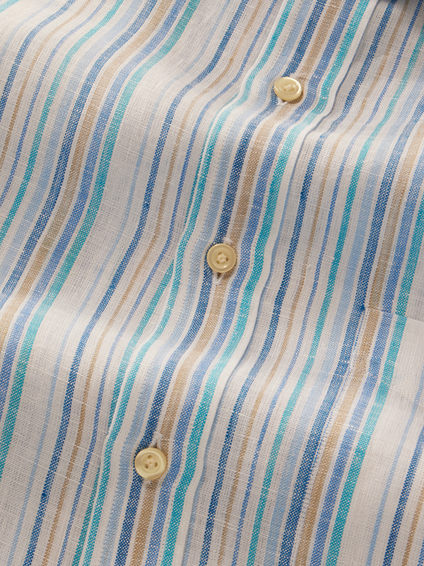 Positano Blue Striped Full Sleeve Single Cuff Classic Fit Semi Formal Linen Shirt