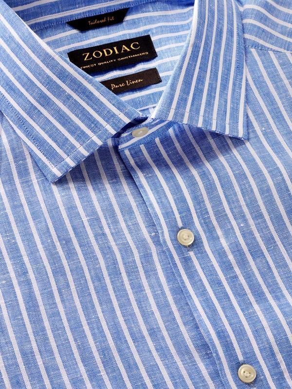 Positano Blue Striped Half sleeve Tailored Fit Semi Formal Linen Shirt