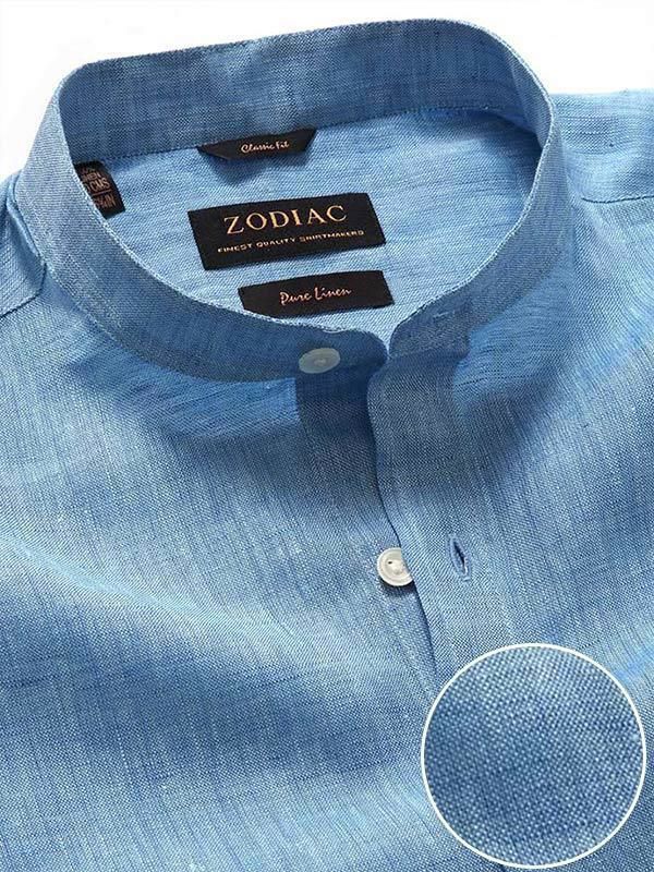 Positano Blue Solid Full sleeve single cuff Classic Fit Semi Formal Linen Shirt
