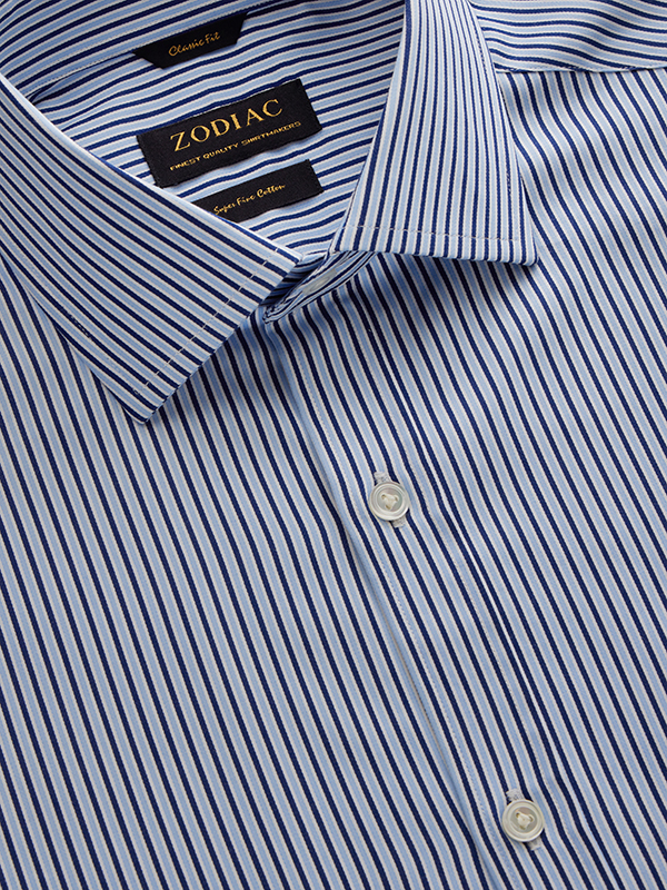 Marchetti Navy Striped Full Sleeve Single Cuff Classic Fit Semi Formal Cotton Shirt
