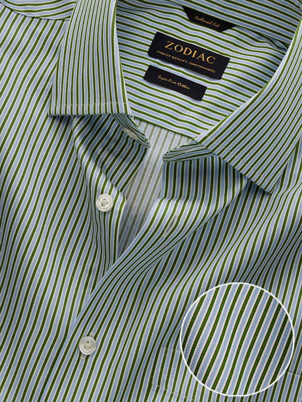 Marchetti Green Striped Full Sleeve Single Cuff Tailored Fit Semi Formal Cotton Shirt