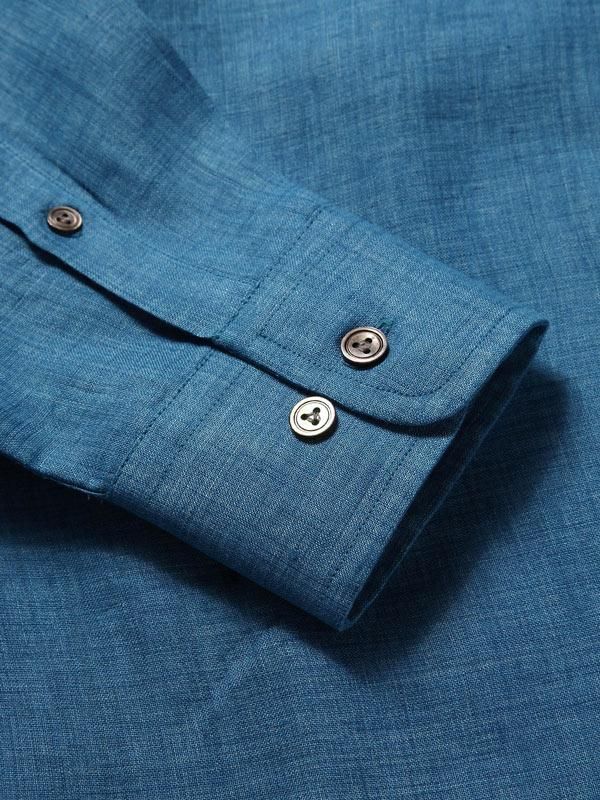 Praiano Turquoise Solid Full sleeve single cuff Tailored Fit Semi Formal Linen Shirt