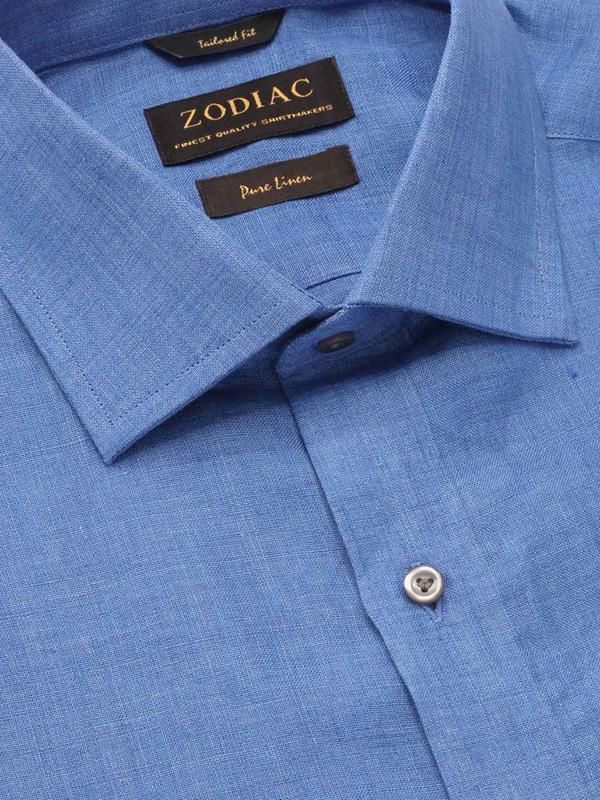 Praiano Blue Solid Full sleeve single cuff Tailored Fit Semi Formal Cut away collar Linen Shirt