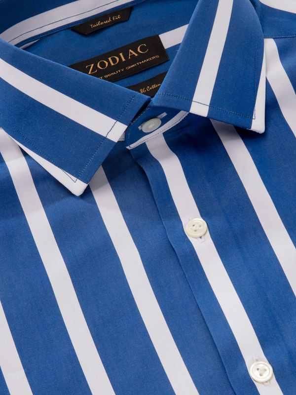 Vivace Blue Striped Full sleeve single cuff Tailored Fit Semi Formal Cut away collar Cotton Shirt