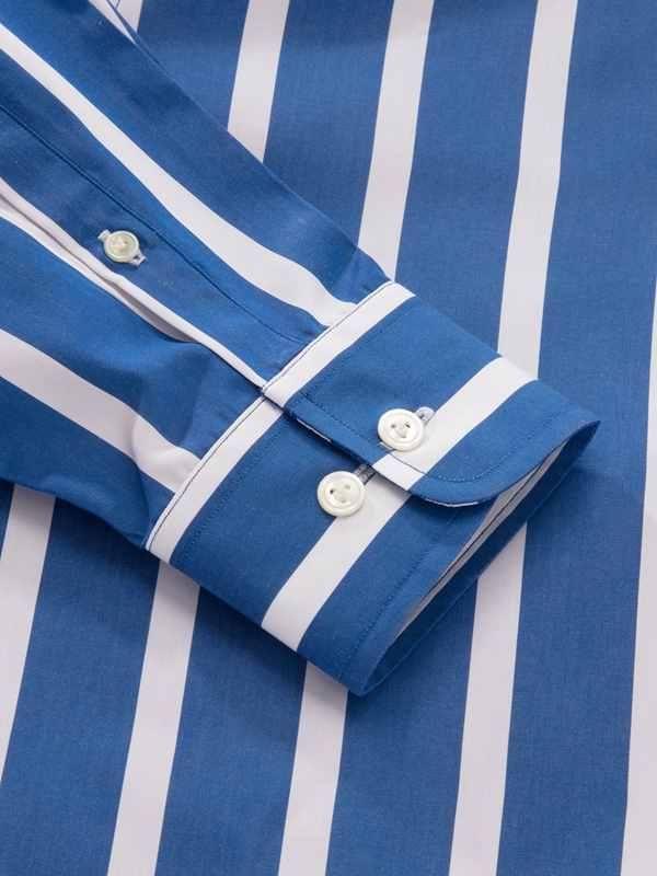 Vivace Blue Striped Full sleeve single cuff Tailored Fit Semi Formal Cut away collar Cotton Shirt