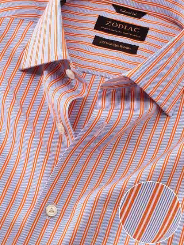 Vivace Orange Striped Full sleeve single cuff Tailored Fit Semi Formal Cut away collar Cotton Shirt