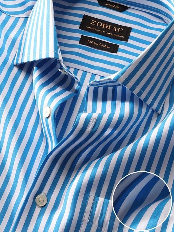 Vivace Blue Striped Full sleeve single cuff Tailored Fit Semi Formal Cotton Shirt