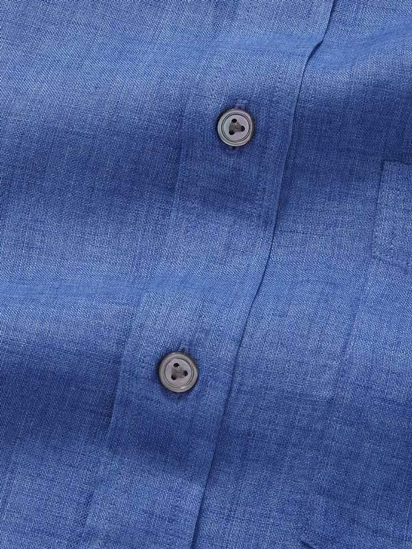 Praiano Blue Solid Full sleeve single cuff Tailored Fit Semi Formal Linen Shirt