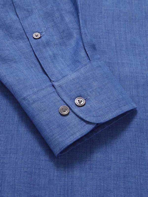 Praiano Blue Solid Full sleeve single cuff Classic Fit Semi Formal Linen Shirt