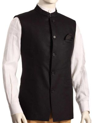 Positano Solid Black Tailored Fit Linen Jodhpuri