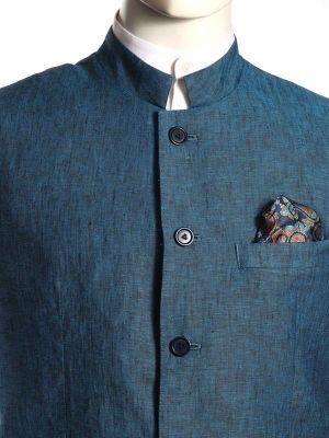 Positano Solid Teal Tailored Fit Linen Jodhpuri