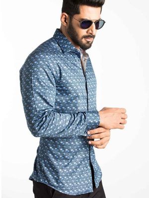 Maceo Blue Printed Full sleeve single cuff Slim Fit  Blended Shirt