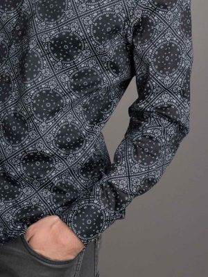 Taksim Black Printed Full sleeve single cuff Slim Fit  Blended Shirt
