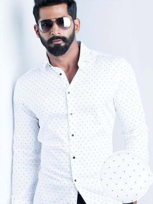 Wolfpk White Printed Full sleeve single cuff Slim Fit  Blended Shirt