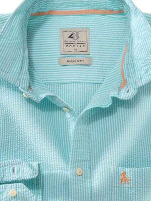 Liverpool Sea Green Striped|Seersucker Full sleeve single cuff   Cotton Shirt