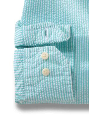 Liverpool Sea Green Striped|Seersucker Full sleeve single cuff   Cotton Shirt