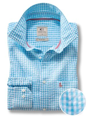 Denver Seersucker Turquoise Check Full Sleeve Tailored Fit Casual Cotton Shirt