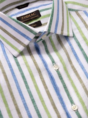 Positano Green Striped Half Sleeve Classic Fit Semi Formal Cut away collar Linen Shirt