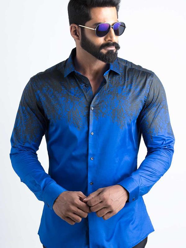 Afrojk Cobalt Printed Full sleeve single cuff Slim Fit  Blended Shirt