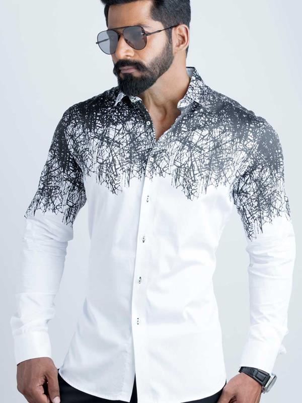 Afrojk White Printed Full sleeve single cuff Slim Fit  Blended Shirt