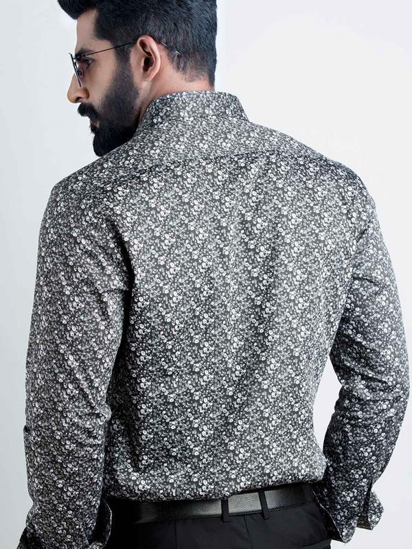 Angello Black Printed Full sleeve single cuff Slim Fit  Blended Shirt