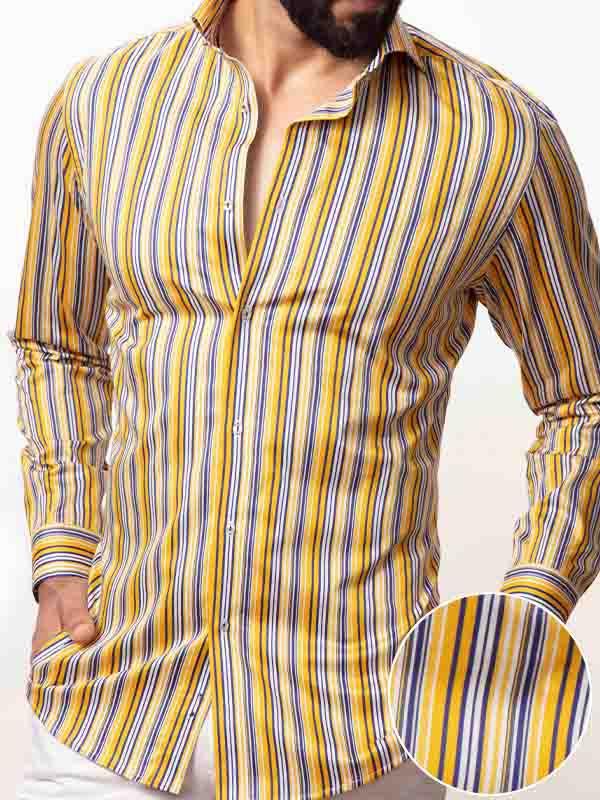 Antonio Yellow Striped Full sleeve single cuff Slim Fit  Blended Shirt