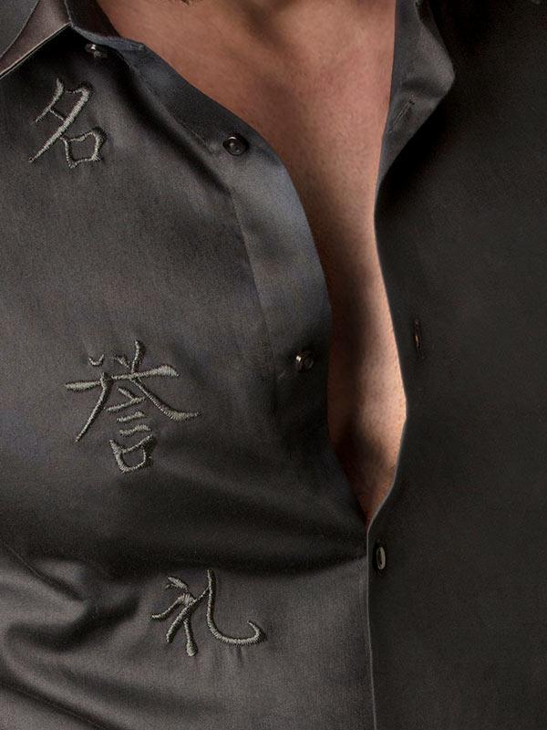 Aoki Black Embroidery Full sleeve single cuff Slim Fit  Blended Shirt