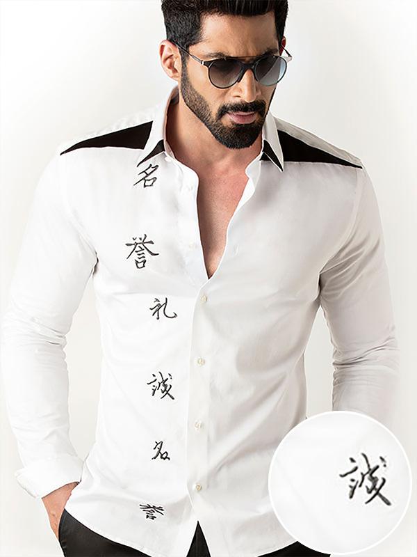 Aoki White Embroidery Full sleeve single cuff Slim Fit  Blended Shirt