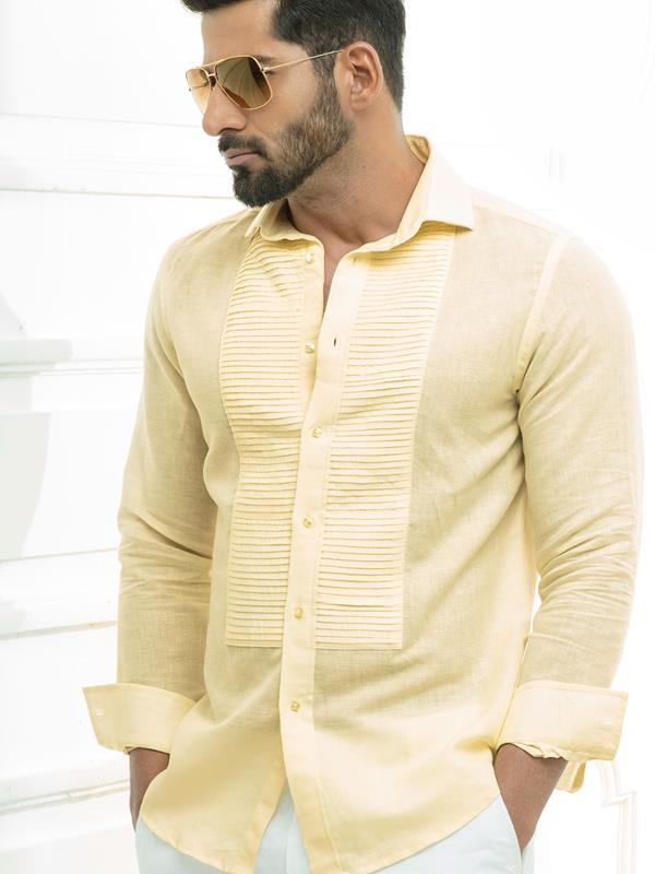 Armin Yellow Solid Full sleeve single cuff Slim Fit  Blended Shirt