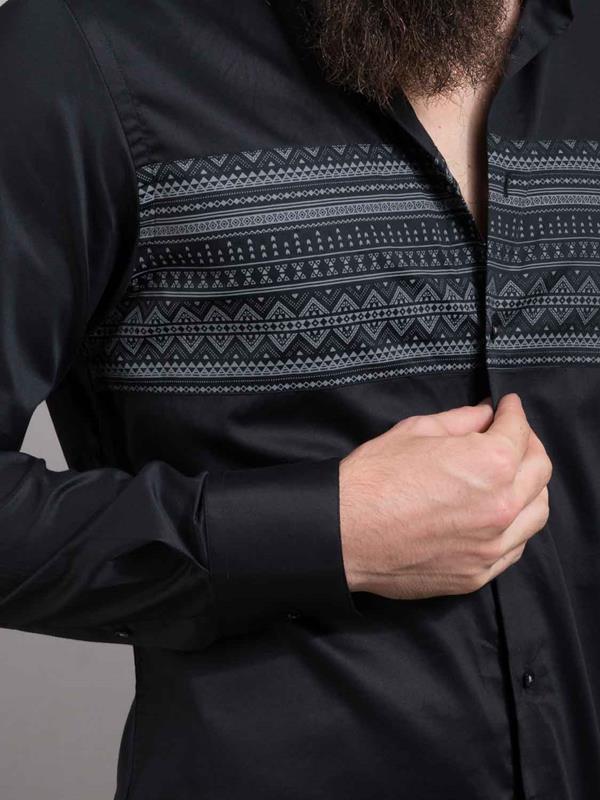 Aztec Black Printed Full sleeve single cuff Slim Fit  Cotton Shirt
