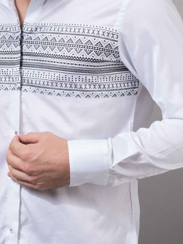 Aztec White Printed Full sleeve single cuff Slim Fit  Cotton Shirt