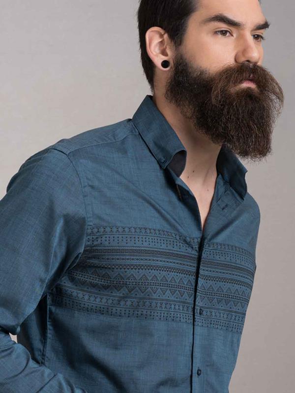Aztec Teal Printed Full sleeve single cuff Slim Fit  Cotton Shirt