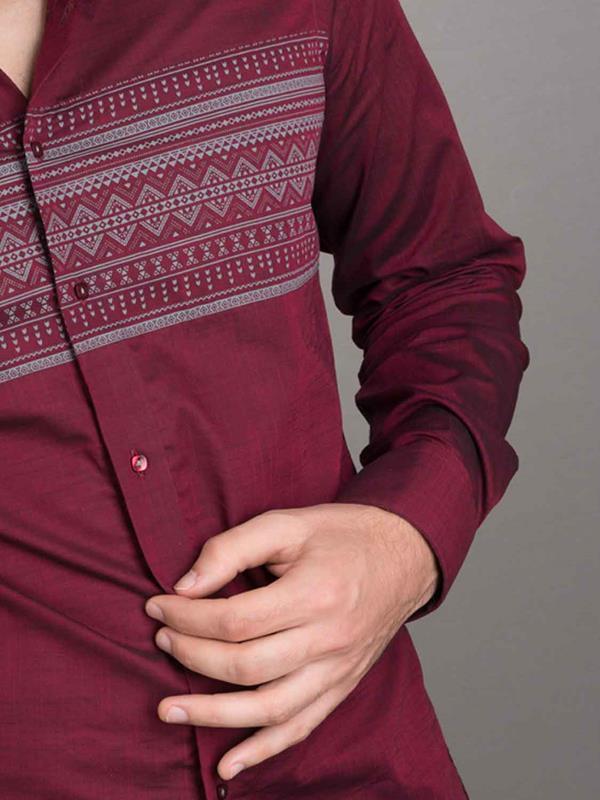 Aztec Wine Printed Full sleeve single cuff Slim Fit  Cotton Shirt