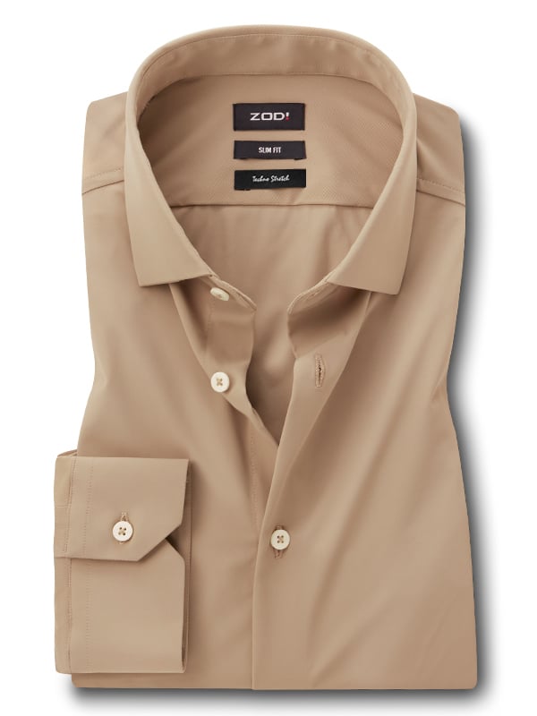 Beyer Beige Techno Stretch Solid Full Sleeve Single Cuff Slim Fit Blended Shirt