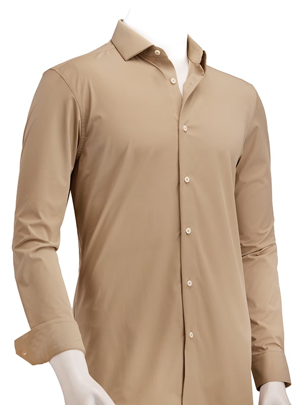 Beyer Beige Techno Stretch Solid Full Sleeve Single Cuff Slim Fit Blended Shirt