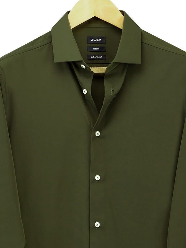 Beyer Olive Techno Stretch Solid Full Sleeve Single Cuff Slim Fit Blended Shirt