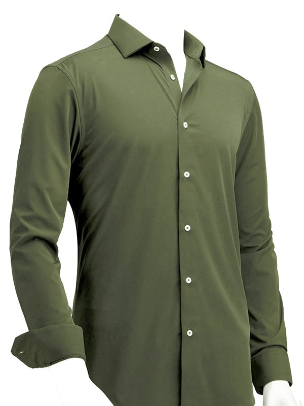 Beyer Olive Techno Stretch Solid Full Sleeve Single Cuff Slim Fit Blended Shirt