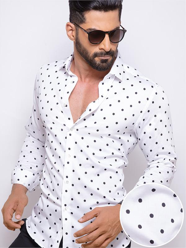 Bruno White Printed Full sleeve single cuff Slim Fit  Blended Shirt